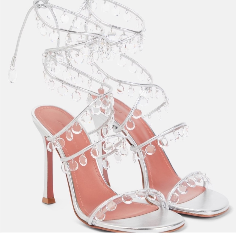 NEW AMINA MUADDI TINA LACEUP 105 SANDAL AM SILVER SS22 heels pumps crystals